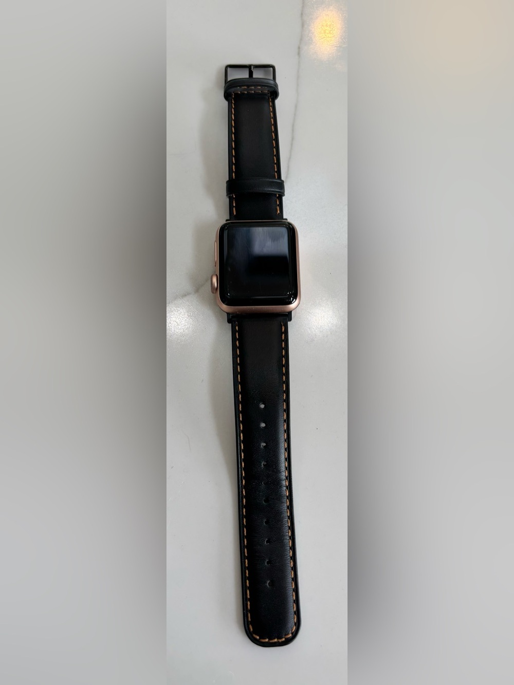 Apple Rose Gold Case Smartwatch with Black Leather Band and Tan Stitching